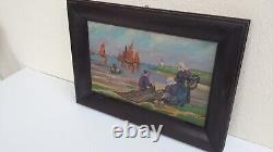 Old oil painting on wood MARINE BRETON FISHERMEN signed L JESSENT