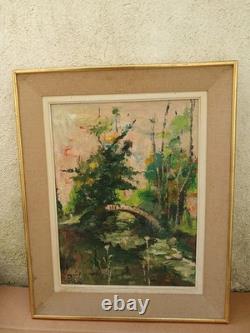 Old oil painting on wood: landscape with bridge and river, signed R. Faure