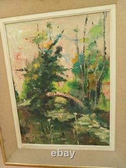 Old oil painting on wood: landscape with bridge and river, signed R. Faure