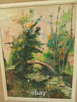 Old oil painting on wood: landscape with bridge and river, signed R. Faure