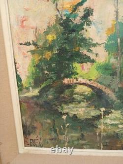 Old oil painting on wood: landscape with bridge and river, signed R. Faure