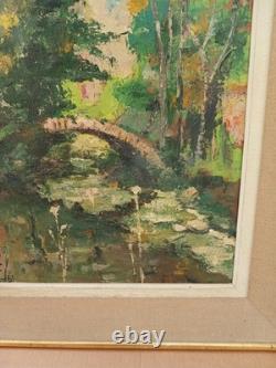 Old oil painting on wood: landscape with bridge and river, signed R. Faure