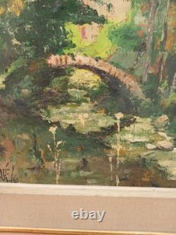 Old oil painting on wood: landscape with bridge and river, signed R. Faure
