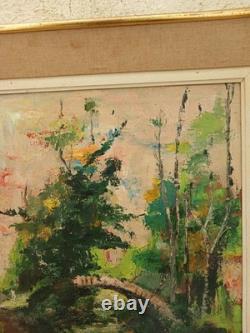 Old oil painting on wood: landscape with bridge and river, signed R. Faure