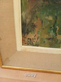 Old oil painting on wood: landscape with bridge and river, signed R. Faure
