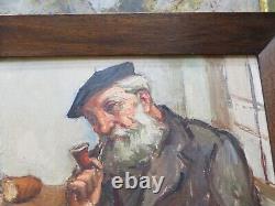 Old oil painting on wood of an old man with a pipe by Abougit portrait