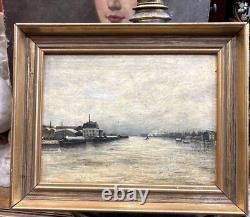 Old oil painting on wood of the Seine before Paris, snowy landscape with a boat