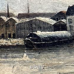 Old oil painting on wood of the Seine before Paris, snowy landscape with a boat