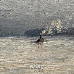 Old oil painting on wood of the Seine before Paris, snowy landscape with a boat