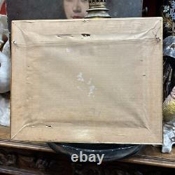 Old oil painting on wood of the Seine before Paris, snowy landscape with a boat