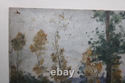 Old oil painting on wood panel, landscape with trees, dimensions 36x23.8 cm