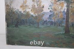 Old oil painting on wood panel, landscape with trees, dimensions 36x23.8 cm