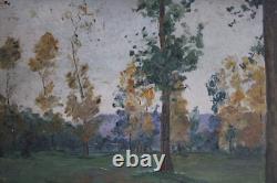 Old oil painting on wood panel, landscape with trees, dimensions 36x23.8 cm