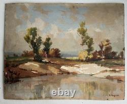 Old oil painting on wood signed C. Cipra, French landscape, c. 1930