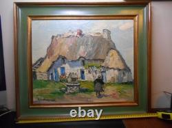 Old oil painting on wood signed by René Le Forestier, house in Brittany