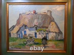 Old oil painting on wood signed by René Le Forestier, house in Brittany