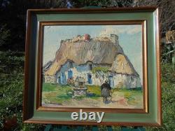 Old oil painting on wood signed by René Le Forestier, house in Brittany