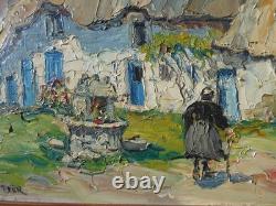 Old oil painting on wood signed by René Le Forestier, house in Brittany