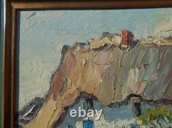 Old oil painting on wood signed by René Le Forestier, house in Brittany