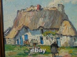 Old oil painting on wood signed by René Le Forestier, house in Brittany