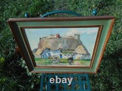 Old oil painting on wood signed by René Le Forestier, house in Brittany