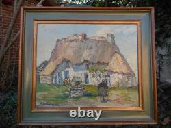 Old oil painting on wood signed by René Le Forestier, house in Brittany