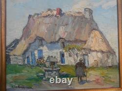 Old oil painting on wood signed by René Le Forestier, house in Brittany