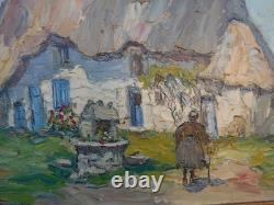 Old oil painting on wood signed by René Le Forestier, house in Brittany