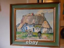 Old oil painting on wood signed by René Le Forestier, house in Brittany