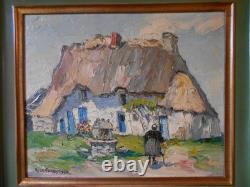 Old oil painting on wood signed by René Le Forestier, house in Brittany
