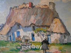 Old oil painting on wood signed by René Le Forestier, house in Brittany
