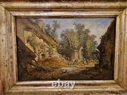 Old oil painting on wood village scene