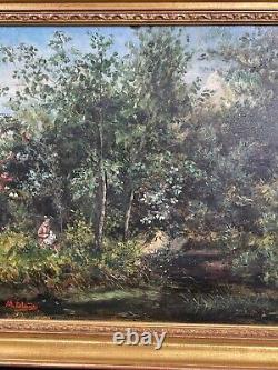 Old painting, 19th century, mother and child in a forest HST