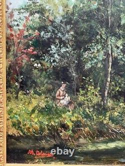 Old painting, 19th century, mother and child in a forest HST
