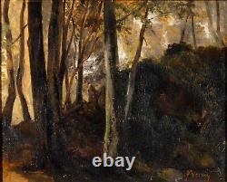 Old painting, 19th-century oil. Underwood in the Forest of Fontainebleau.