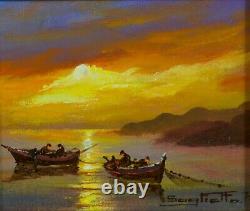 Old painting: Marine seascape in Nice with Raymond Saglietto, fisherman at dusk