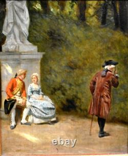 Old painting of a gallant scene in an animated park from the 18th century signed by Maurice Blum (1832-1909)