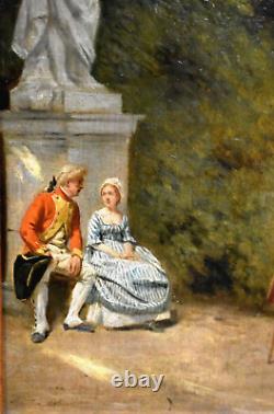 Old painting of a gallant scene in an animated park from the 18th century signed by Maurice Blum (1832-1909)