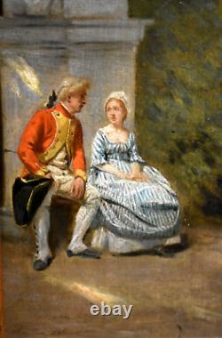 Old painting of a gallant scene in an animated park from the 18th century signed by Maurice Blum (1832-1909)