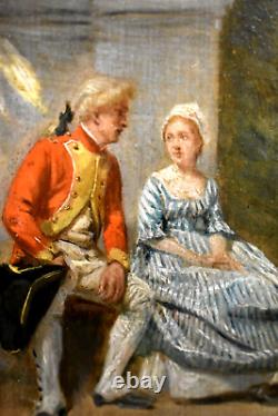 Old painting of a gallant scene in an animated park from the 18th century signed by Maurice Blum (1832-1909)