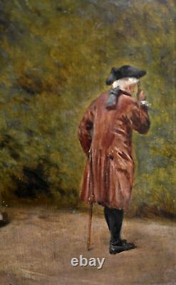 Old painting of a gallant scene in an animated park from the 18th century signed by Maurice Blum (1832-1909)