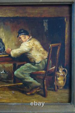 Old painting of a tavern scene with players from the 18th century oil/mahogany Northern school
