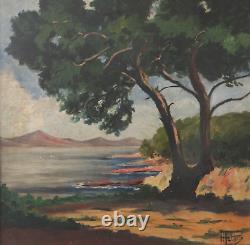 Old painting oil landscape fauvist seaside parasol pine table by Seyssaud