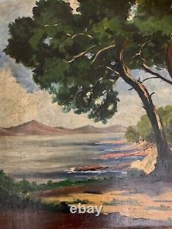 Old painting oil landscape fauvist seaside parasol pine table by Seyssaud
