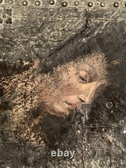 Old painting, oil, mixed media composition, sculpture, bolts, melancholic woman, signed