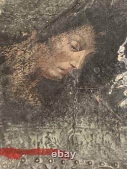 Old painting, oil, mixed media composition, sculpture, bolts, melancholic woman, signed