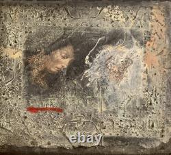 Old painting, oil, mixed media composition, sculpture, bolts, melancholic woman, signed