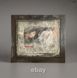 Old painting, oil, mixed media composition, sculpture, bolts, melancholic woman, signed