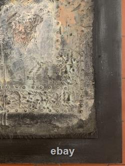 Old painting, oil, mixed media composition, sculpture, bolts, melancholic woman, signed