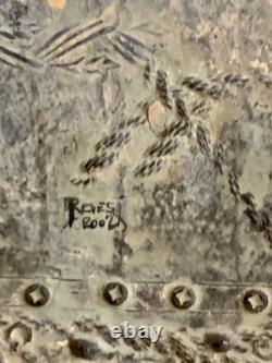 Old painting, oil, mixed media composition, sculpture, bolts, melancholic woman, signed